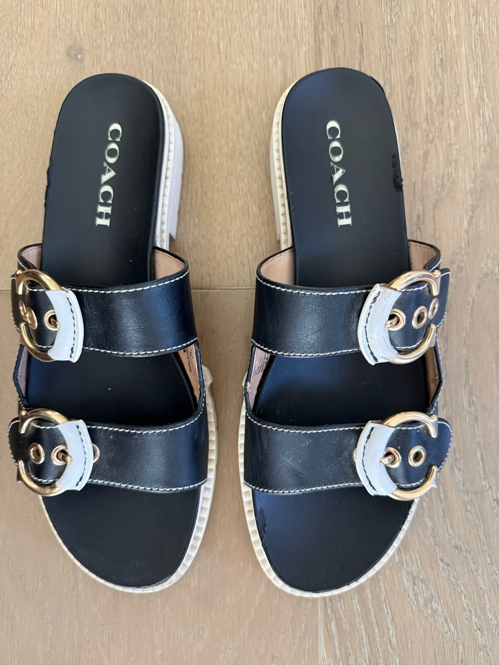 Coach Black and White Double Buckle Slide Sandals